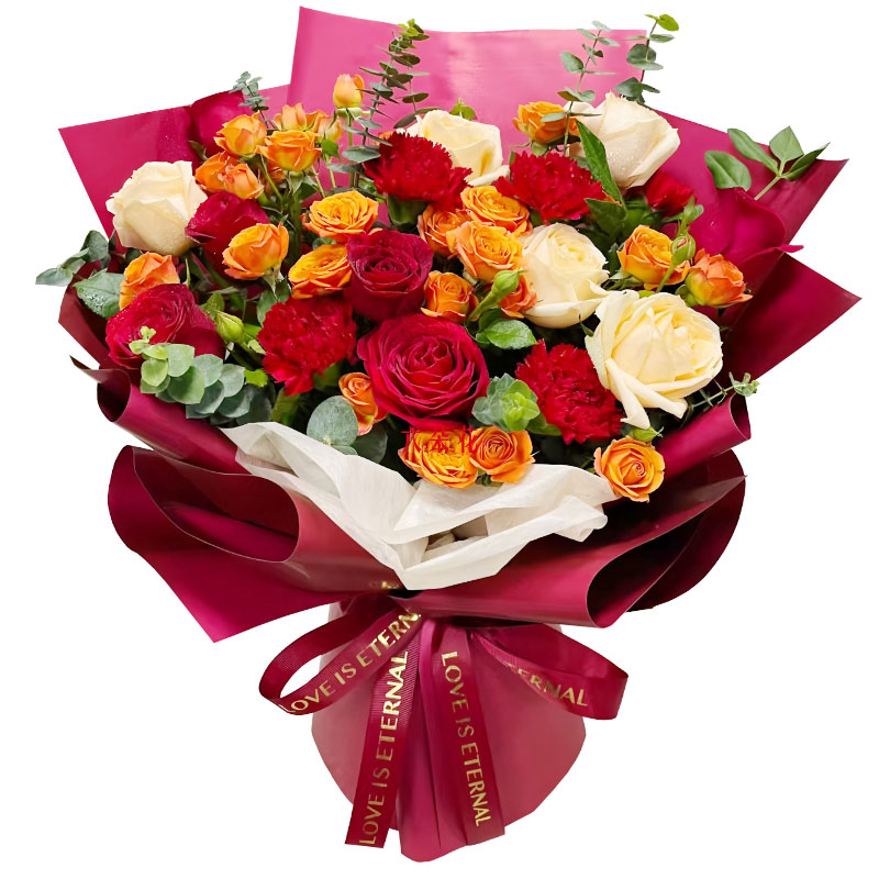 10朵玫瑰5朵康乃馨,阳光欢笑围绕