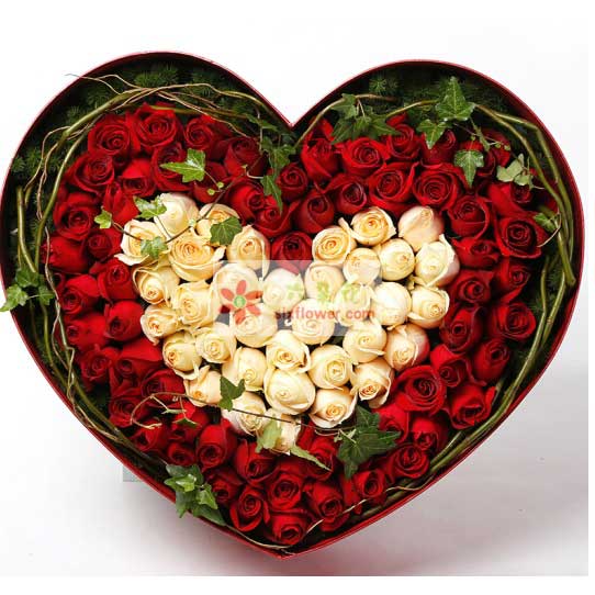 99朵玫瑰，其中66朵红玫瑰周围2圈，中间33朵香槟玫瑰33朵，拼成心形，周围配枝条（或配叶）