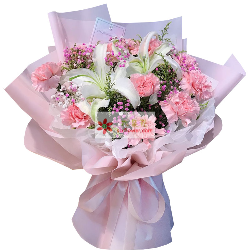 12朵粉色康乃馨百合，祝愿安康幸福长