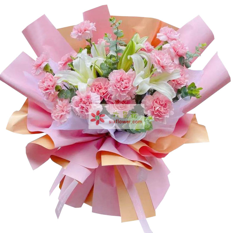 18朵粉色康乃馨百合，最诚挚的祝福