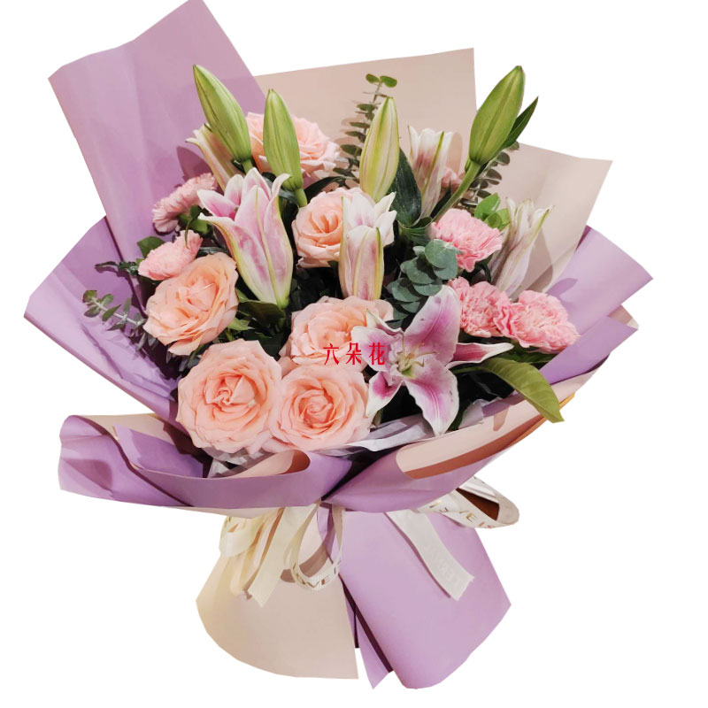 6朵粉色康乃馨6朵荔枝粉玫瑰，拥有幸福生活