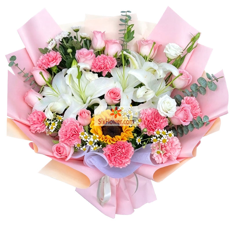 11朵粉玫瑰8朵康乃馨向日葵,未来万般可期
