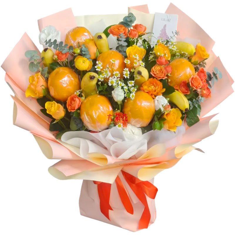 6朵黄玫瑰水果花束,这份美好的爱