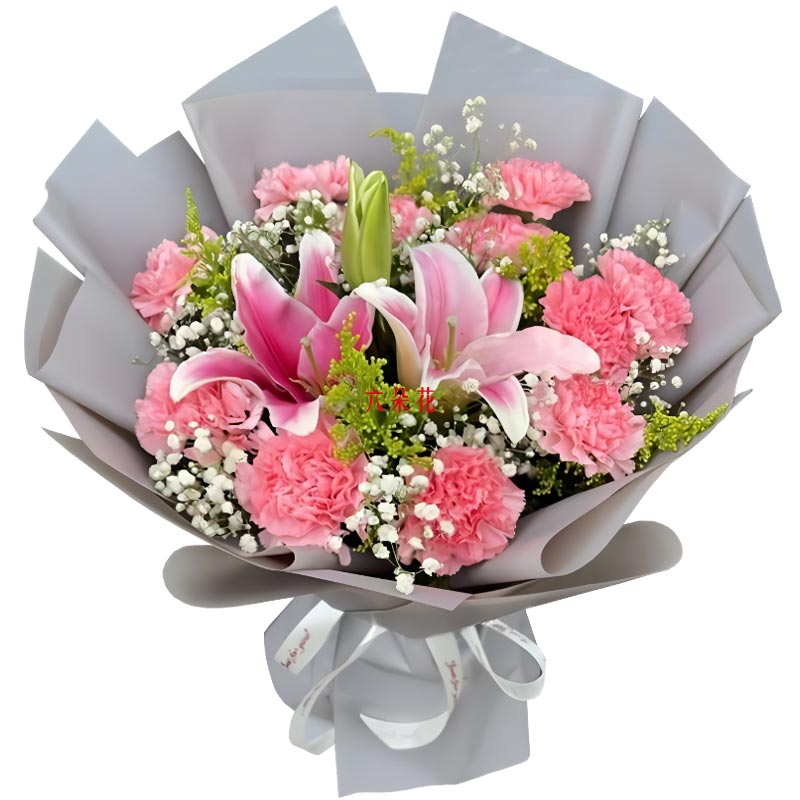 11朵粉色康乃馨1支粉色多头百合,愿你喜乐常伴