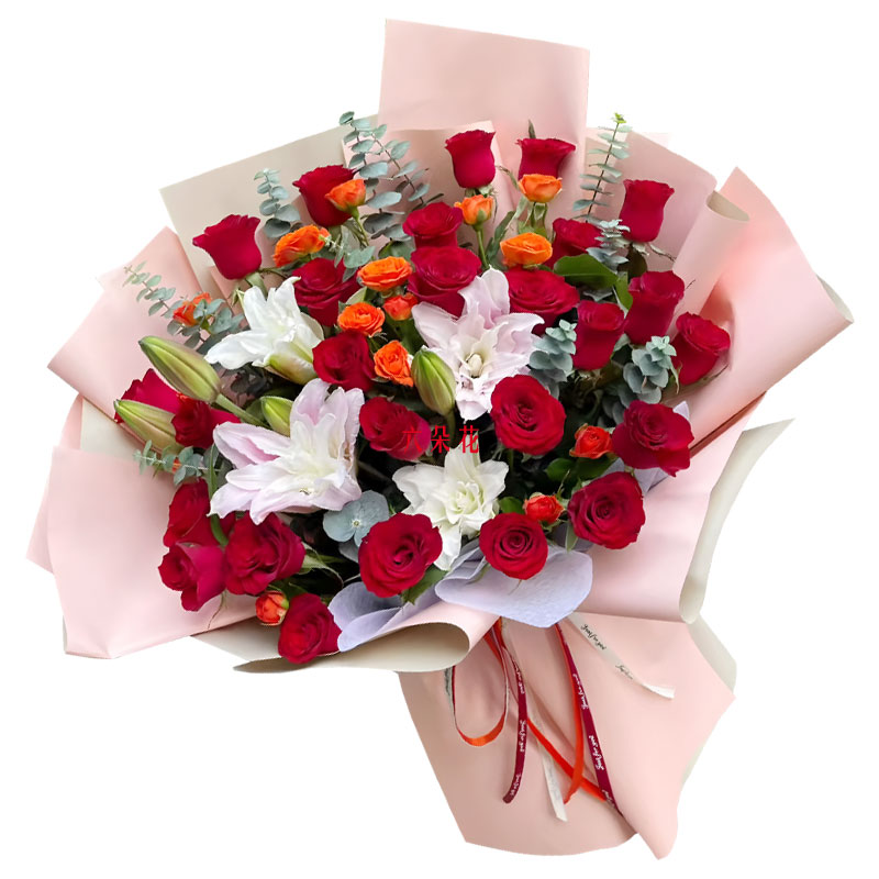 26朵红玫瑰2支重瓣百合,心独属于你