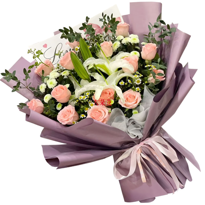 13朵戴安娜粉玫瑰2支百合,最优雅的搭档