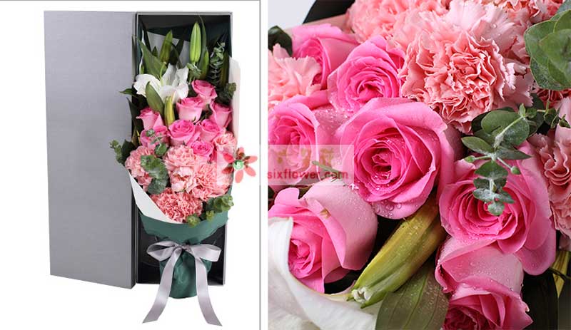 粉色康乃馨11枝，白百合2枝，粉色玫瑰9枝，尤加利叶2枝；