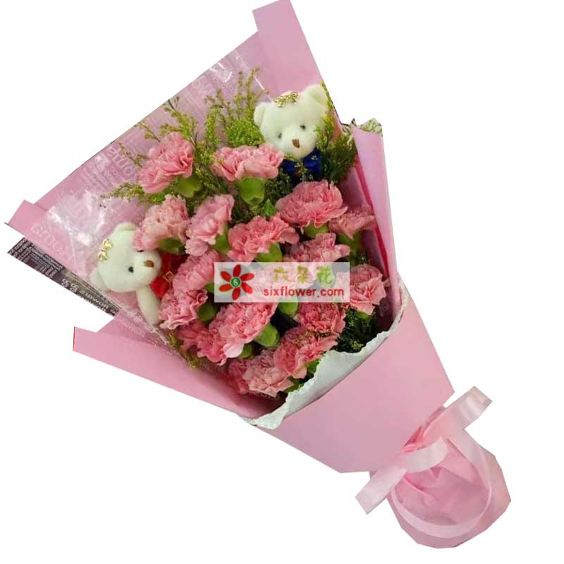 19枝粉色康乃馨，黄英点缀，2个小熊；