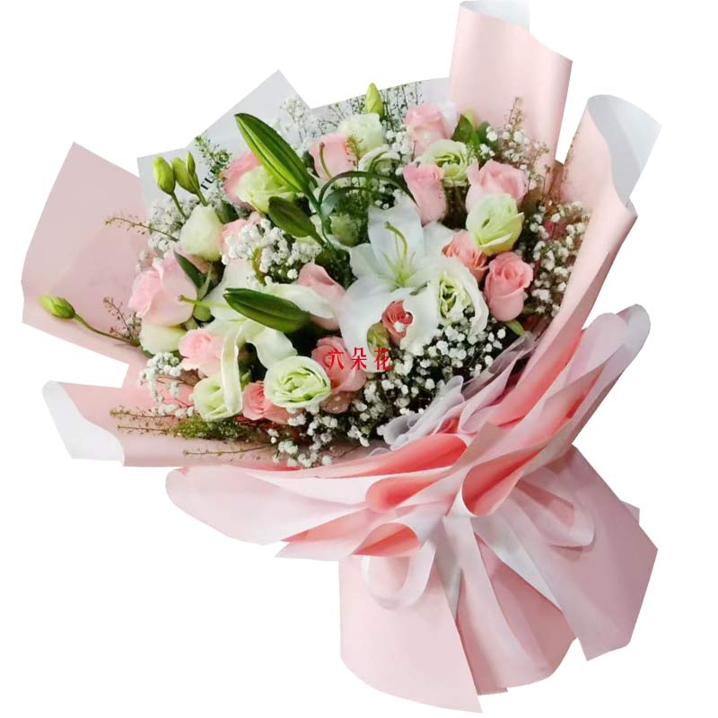 18朵粉玫瑰2支百合,携手幸福彼岸