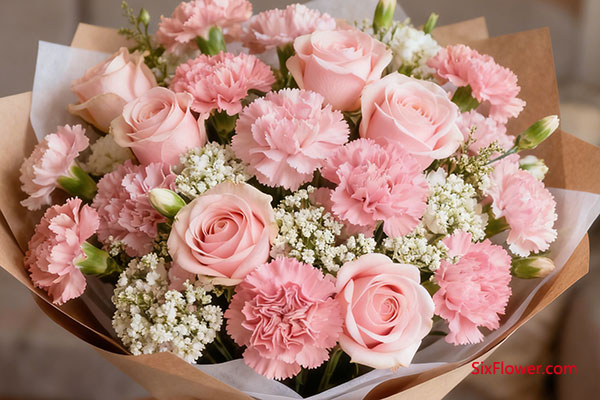 搭配玫瑰花(香槟或粉色),传递温馨爱意