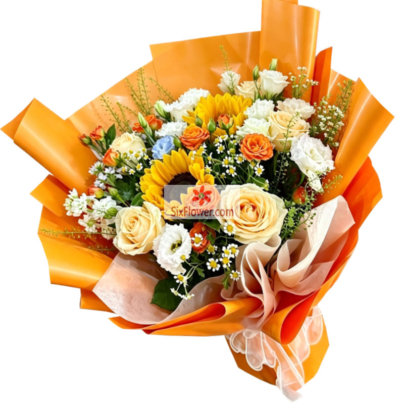 5朵香槟玫瑰2朵向日葵,期许如期而至