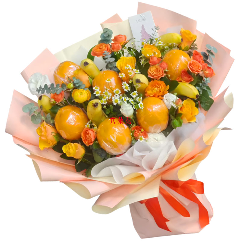 6朵黄玫瑰水果花束,这份美好的爱