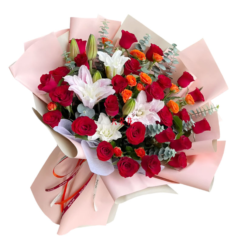 26朵红玫瑰2支重瓣百合,心独属于你