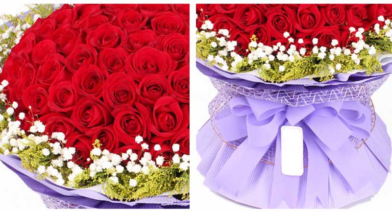 50枝红玫瑰,满天星、黄莺外围;