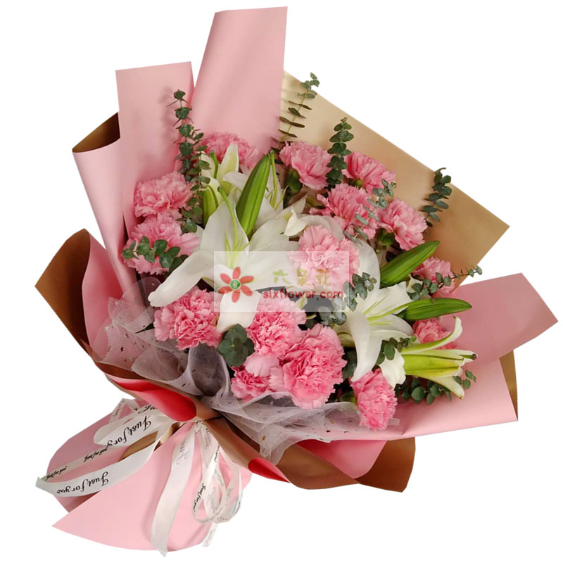 18朵粉色康乃馨百合，祝福送给您