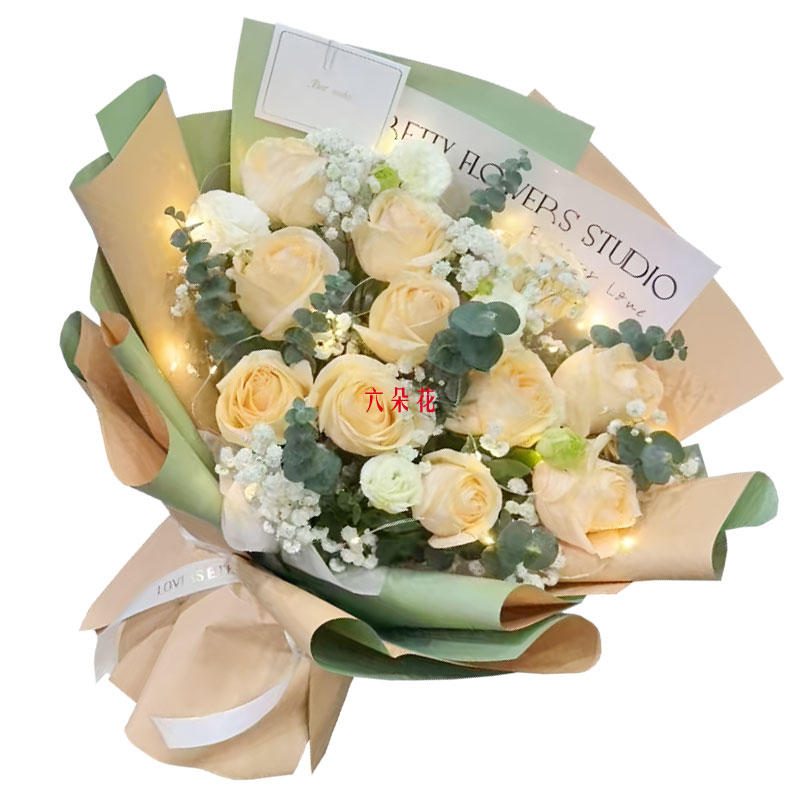 11朵香槟玫瑰灯带搭配,爱意滋润心田