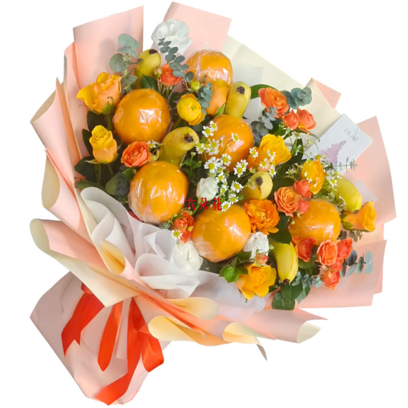 6朵黄玫瑰水果花束,这份美好的爱