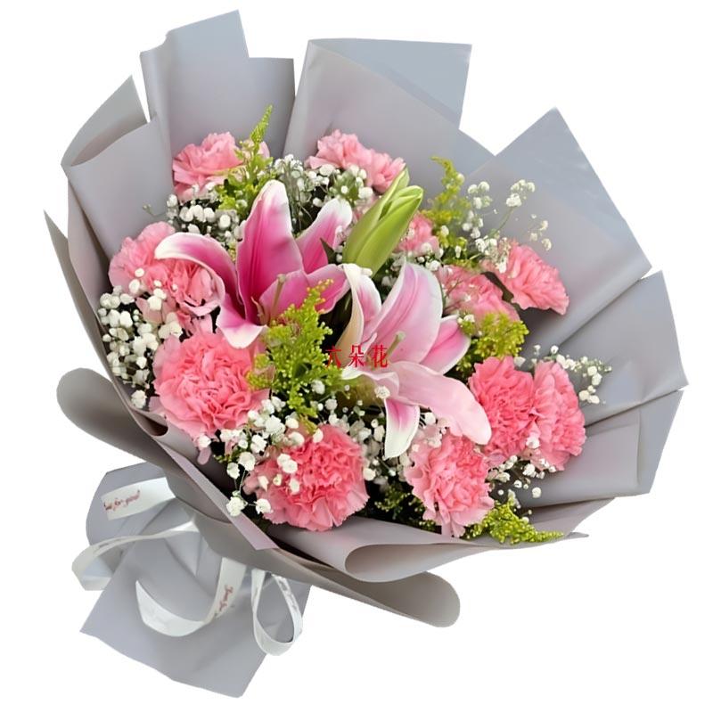 11朵粉色康乃馨1支粉色多头百合,愿你喜乐常伴