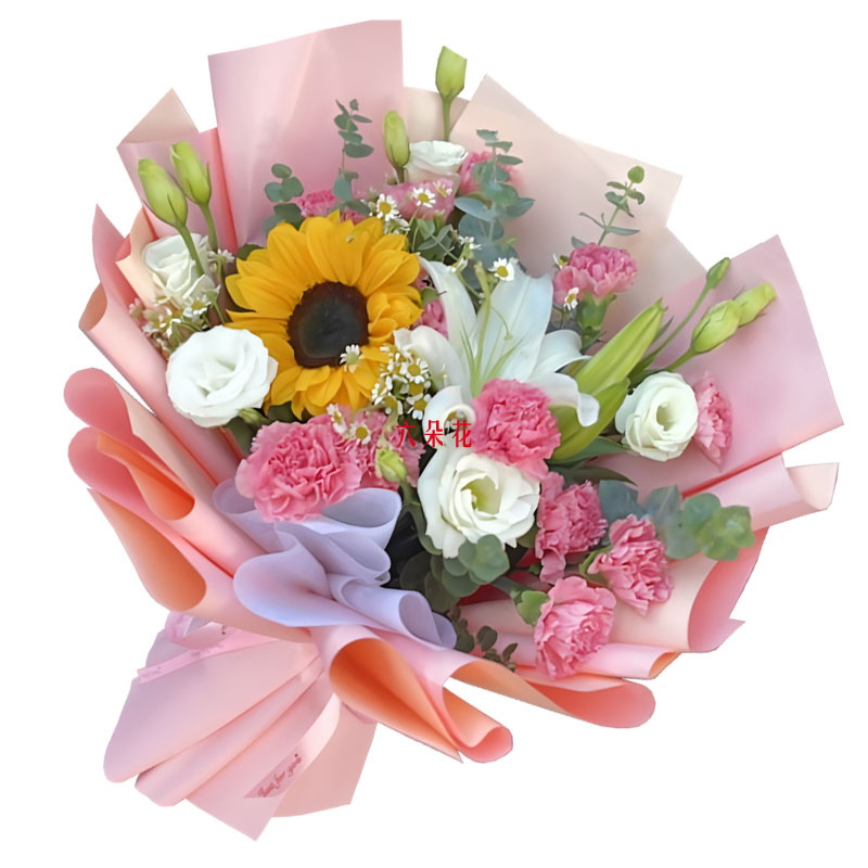 12朵粉色康乃馨百合向日葵,生活丰富多彩