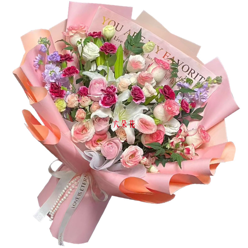 9朵艾莎粉玫瑰2支百合,爱是永不陨落