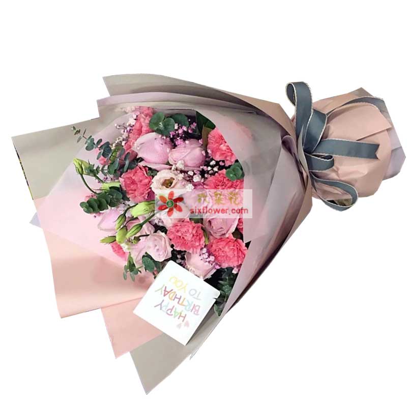 12枝粉色玫瑰，12枝粉色康乃馨，桔梗搭配，尤加利、粉色满天星点缀